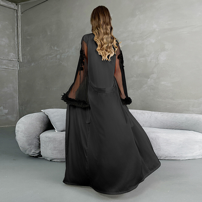 European and American cross-border satin mesh sleeved long bathrobe for women, lace feather cuffs, tie, multi-color home wear 765 Specification image