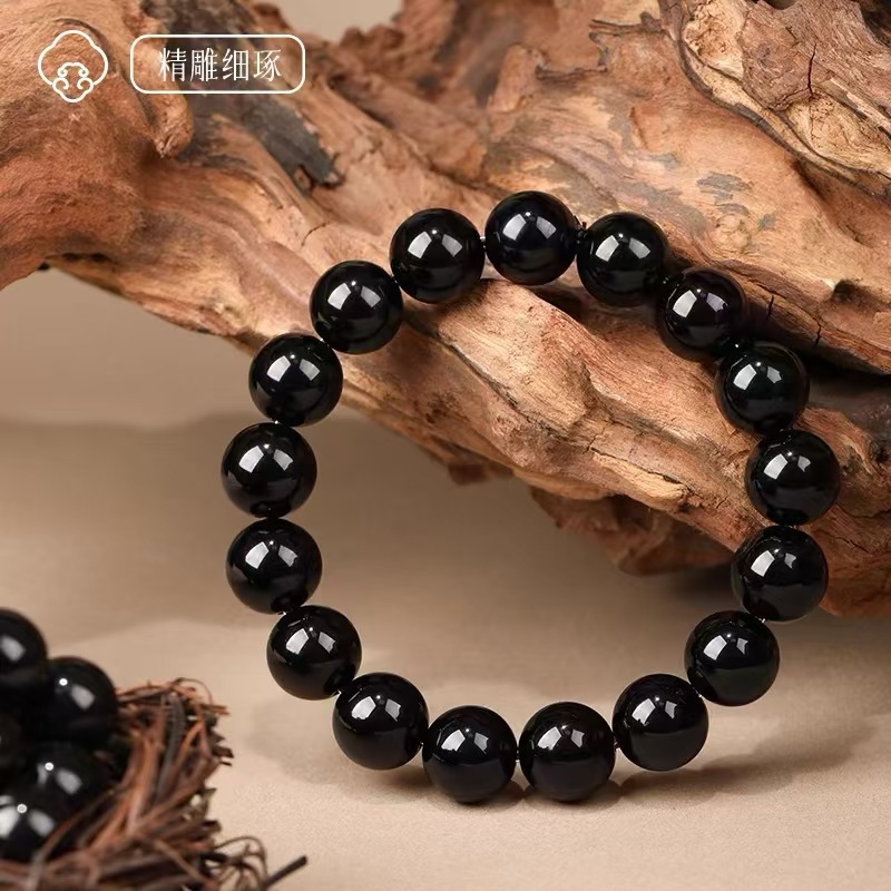 Collectible black obsidian bracelet, natural black obsidian beads, single-loop bracelet with loose beads, men's and women's styles details Picture