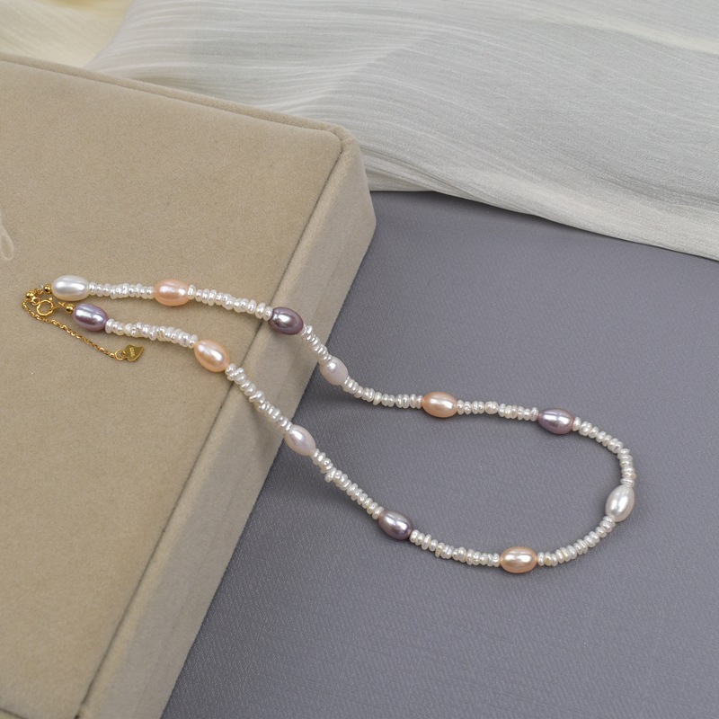 Natural pearl necklace for women, high-end and light luxury, candy-colored spliced beaded collarbone chain, gentle and elegant Baroque necklace