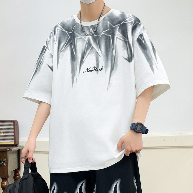 American tie-dyed T-shirt men's short-sleeved print summer new trendy, cool and stylish, loose and versatile half-sleeved men's top Specification image