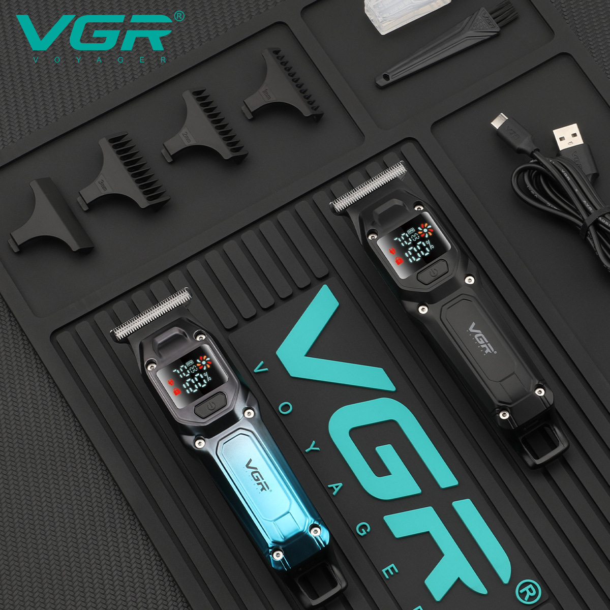 VGR964 cross-border electric hair clipper, gradient color oil head engraving, rechargeable men's digital display electric clipper details Picture