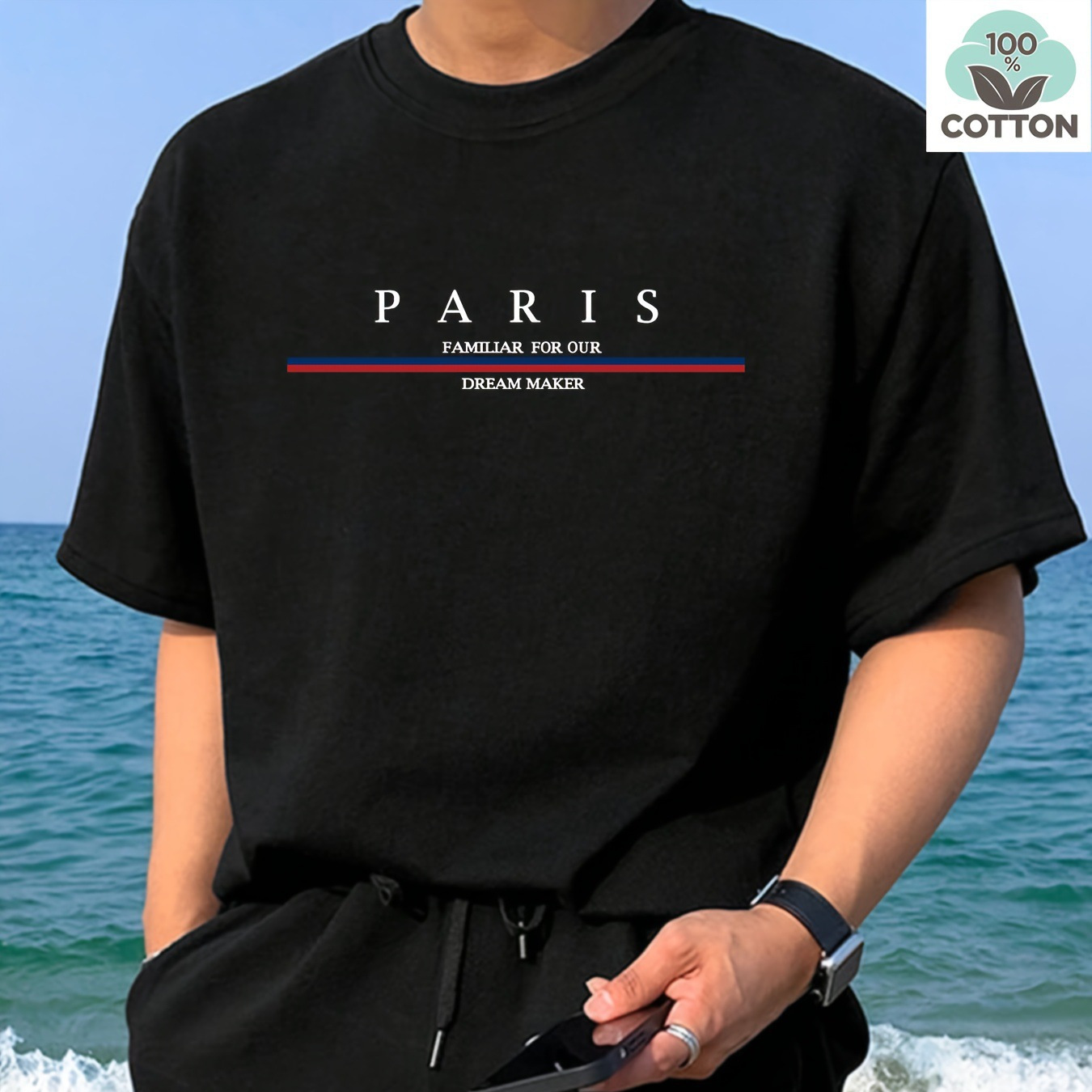 2026 Pure cotton European and American cross-border "PARIS" printed men's top, AliExpress Amazon new T-shirt short-sleeved summer thumbnail