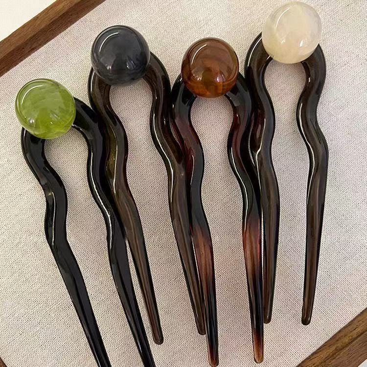 New high-end coconut jelly round ball, retro and simple beaded U-shaped hairpin, acrylic hairpin, updo, headwear and hair clip details Picture