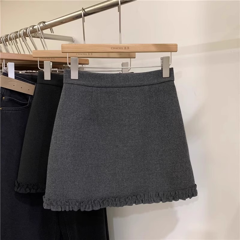 灰色毛呢半身裙女2025秋冬高腰a字包臀裙花边拼接显瘦短裙小个子细节图