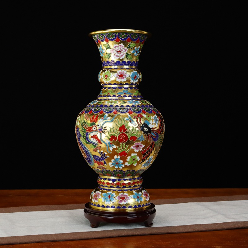 Beijing Jingtai Blue Vase Ornament, Craft Gift, Cloisonne enamel filigree silver Blue 15-inch Dragon and Phoenix Presenting auspiciousness Mushroom Vase