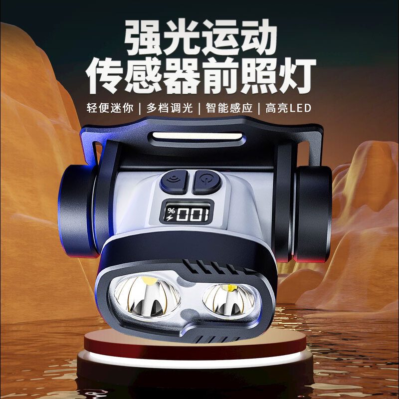 跨境远射钓鱼灯Led双光源矿灯头戴式工作灯户外充电应急强光头灯白底实物图