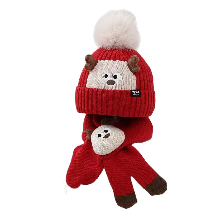 Wholesale of one-piece children's hats, scarves, cartoon autumn and winter ear-protecting knitted warm and cute woolen hats for boys, girls and babies at street stalls Item Picture