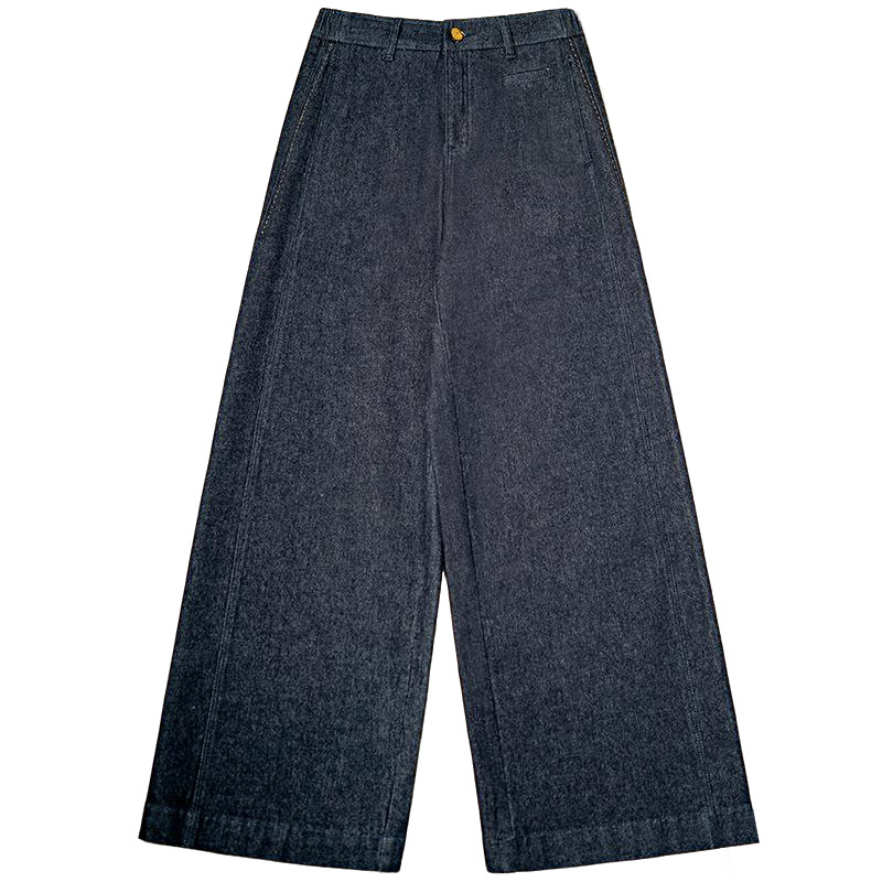 Factory direct sales of new deep blue side spliced slimming 9-point A-version wide-leg jeans and casual wool jeans for women Item Picture