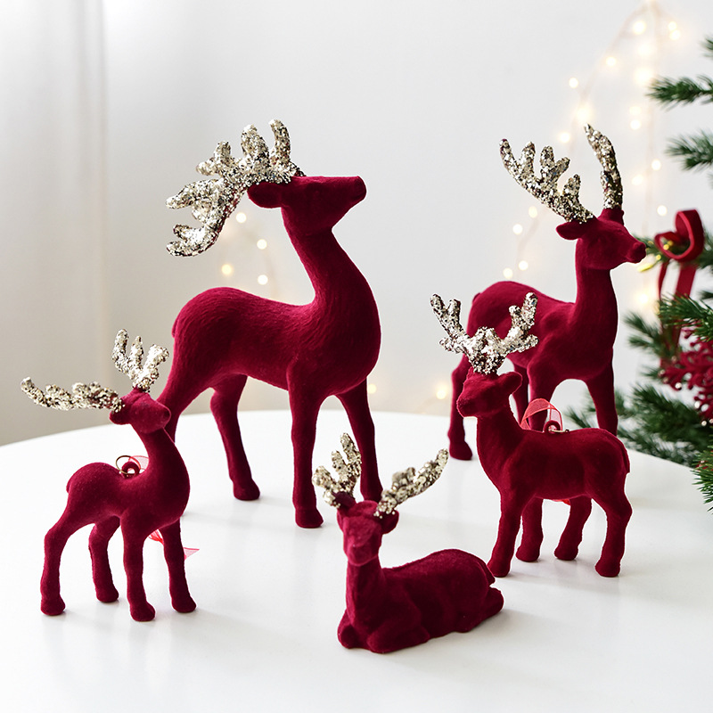 Decoraciones de navidad navidad alce mesa de escritorio decoraciones de árbol de navidad colgantes rojo flocado venado colgante