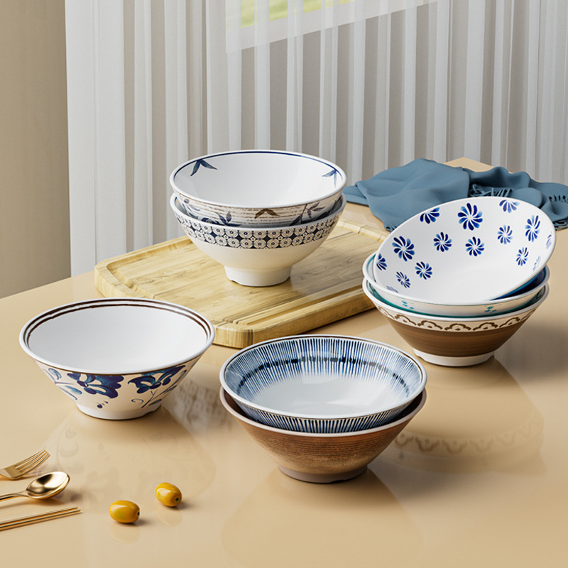 Wholesale of A5 melamine tableware, conical bowls, commercial noodle bowls, spicy hot pot bowls, round ramen bowls, and special bowls for noodle restaurants Application Scenario