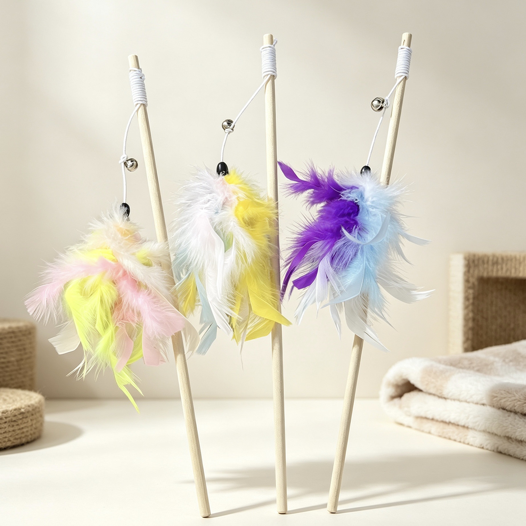 New three-color feather cat toy stick, cat toy, elastic rope interactive handle, durable cat toy pet products factory Specification image