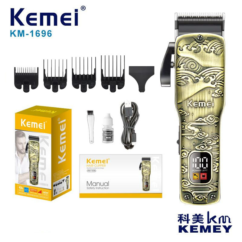 Fábrica al por mayor kemy metal electric pusher KM-1696 cortador de pelo eléctrico de alta potencia con pantalla digital push ajustable