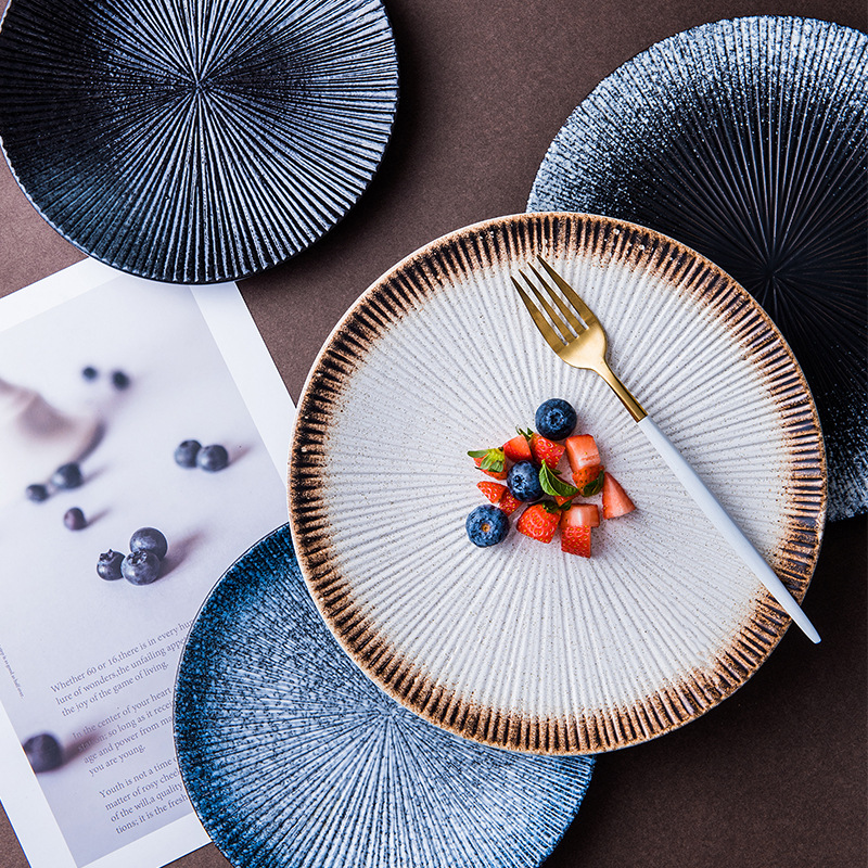 Japanese-style striped shallow plate, home steak plate, high appearance level pasta plate, hotel home, Western restaurant, light luxury ceramic tableware Specification image