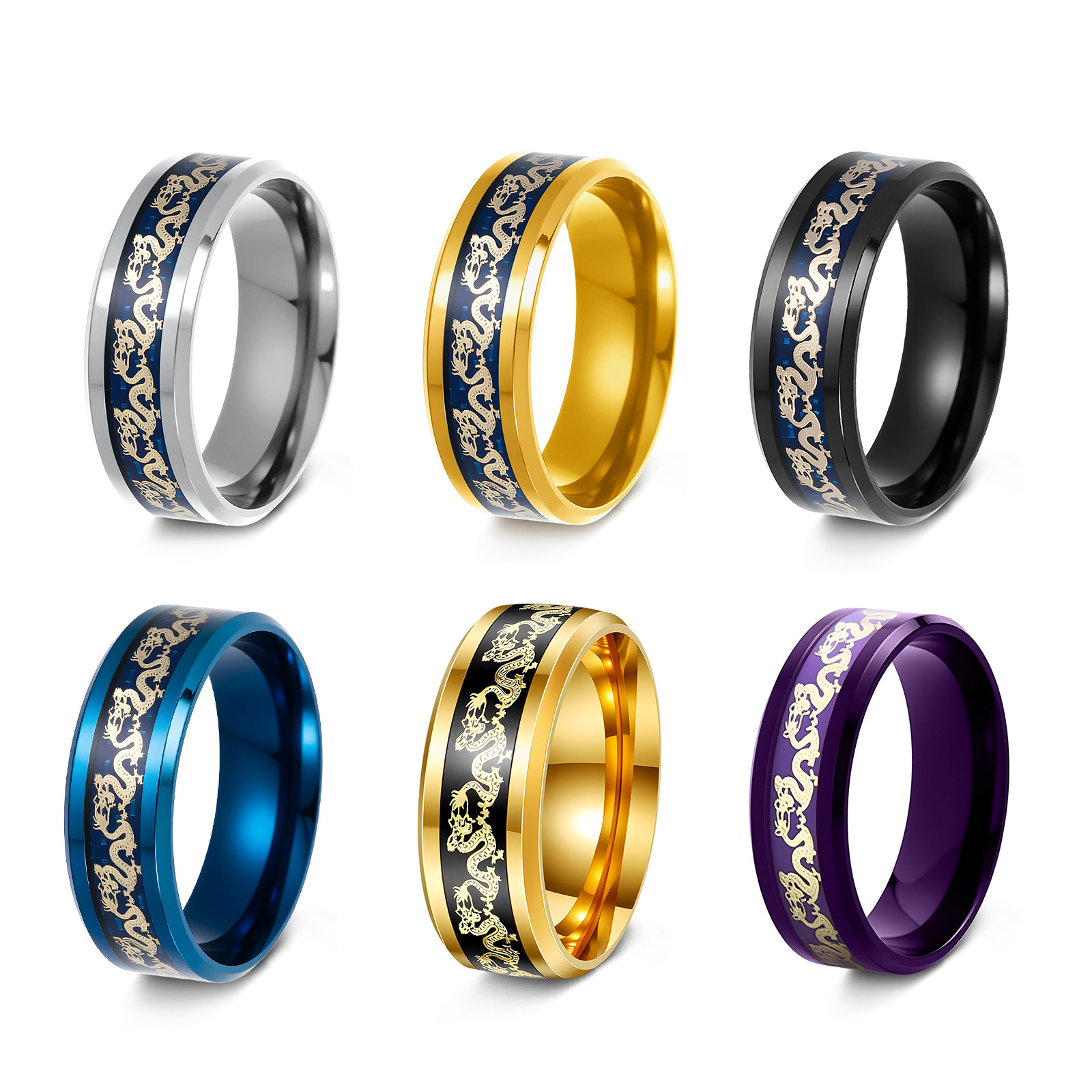 Cross-border retro high-end, non-fading jewelry, double beveled blue background dragon pattern stainless steel ring, Chinese dragon ring Item Picture