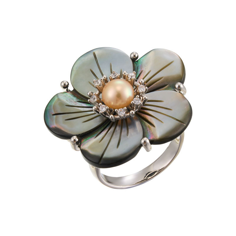 High-end natural black mother-of-pearl flower open ring, copper alloy inlaid with zircon freshwater pearls, adjustable ring ring Item Picture