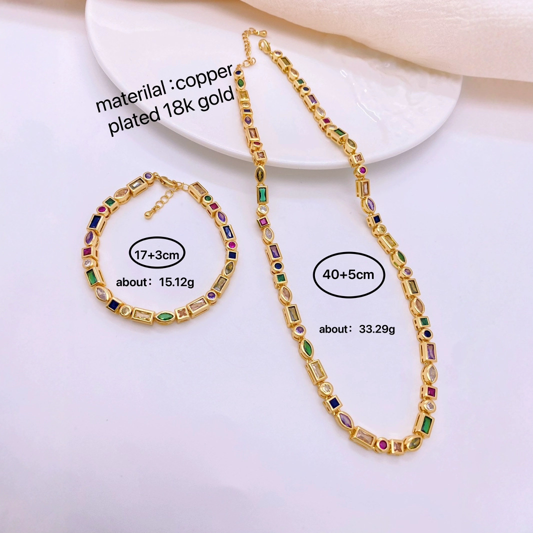 European and American simple colored zircon bracelet, micro-inlaid colored zirconium personalized hip-hop bracelet, ins collarbone chain necklace Specification drawing