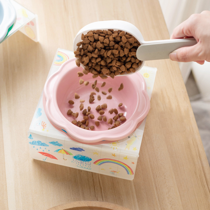 Cartoon pet bowl, acrylic stand, flower ceramic cat bowl, height-increasing dining table, single bowl stand for cats and dogs, neck guard to prevent knocking Specification image