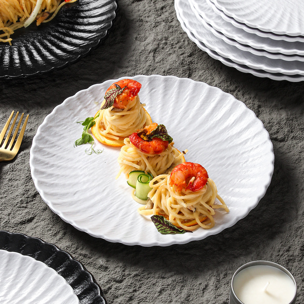 Platos blancos platos de pasta con camarones platos de porcelana platos de metamina platos ovalados platos de mesa