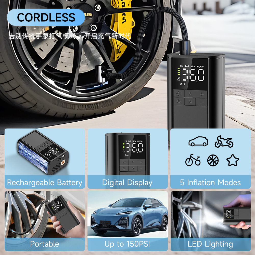 New smart handheld car tire air pump, electric high-pressure air pump, portable wireless car air pump details Picture