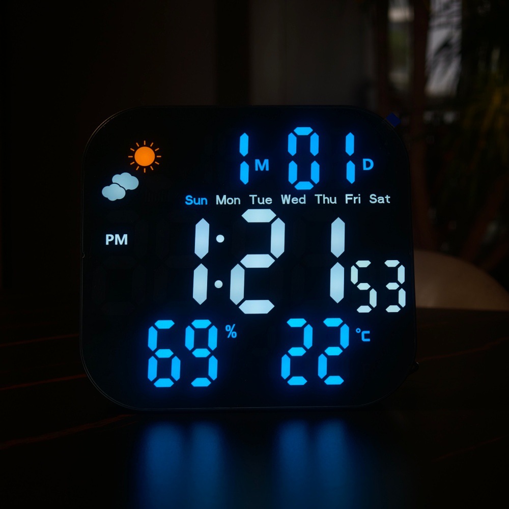 Cross-mirror multi-functional LED electronic clock, living room weather and temperature display, wall clock, can be hung or stand, dual-purpose clock Specification image