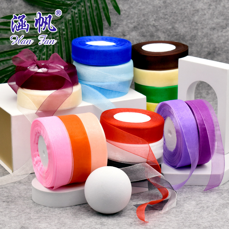 Factory stock: 0.3cm - 4cm fine-edge snow yarn ribbon gift packaging, transparent snow yarn woven tape, glass yarn ribbon details Picture