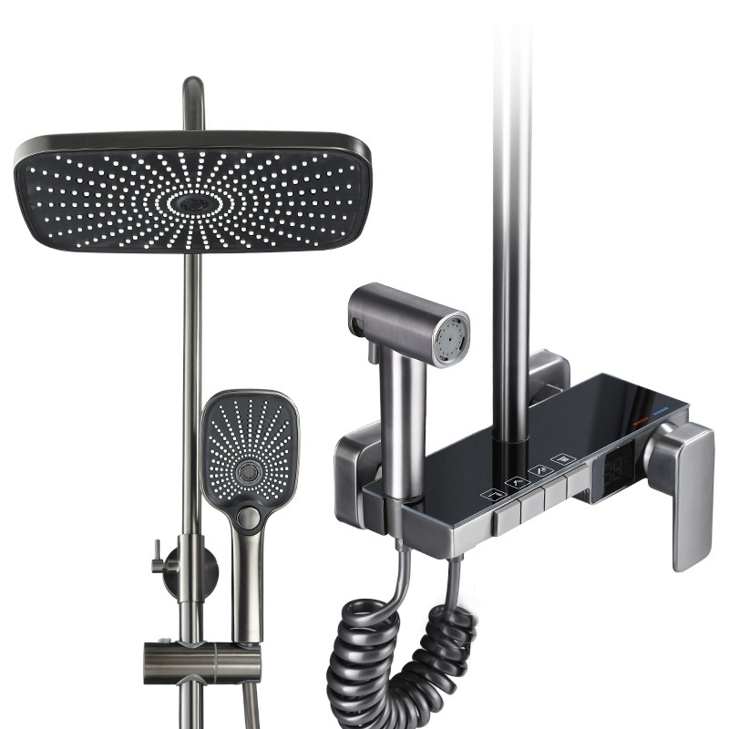 淋浴花洒套装枪灰色黄铜淋浴器花洒家用恒温增压喷头浴室洗浴淋雨白底实物图