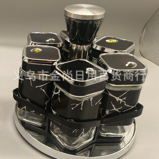 Cross-border kitchen rotating square and round six-bottle rotating seasoning box sealed moisture-proof seasoning bottle set portable seasoning jar details Picture