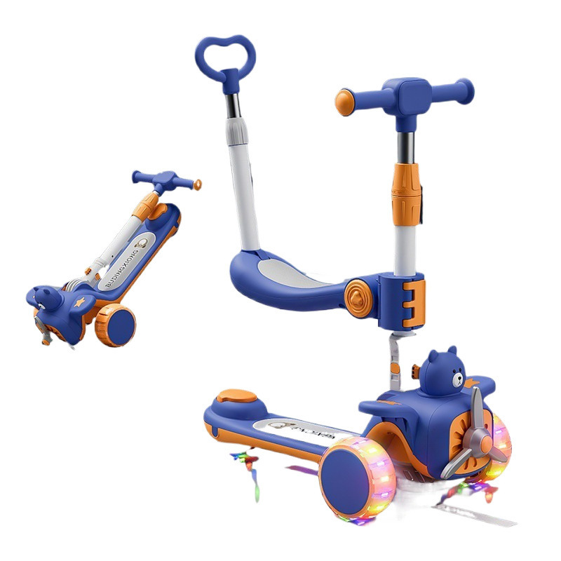 新儿童滑板车折叠滑行车小孩可坐可滑折叠滑步车卡通风车飞机滑板白底实物图