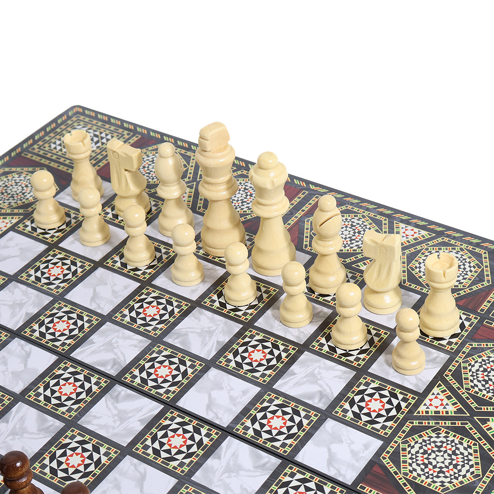 Wholesale of international chess casual entertainment chessboard with dark wooden patterns, three-in-one, high-end feel, portable folding, and for export Application Scenario