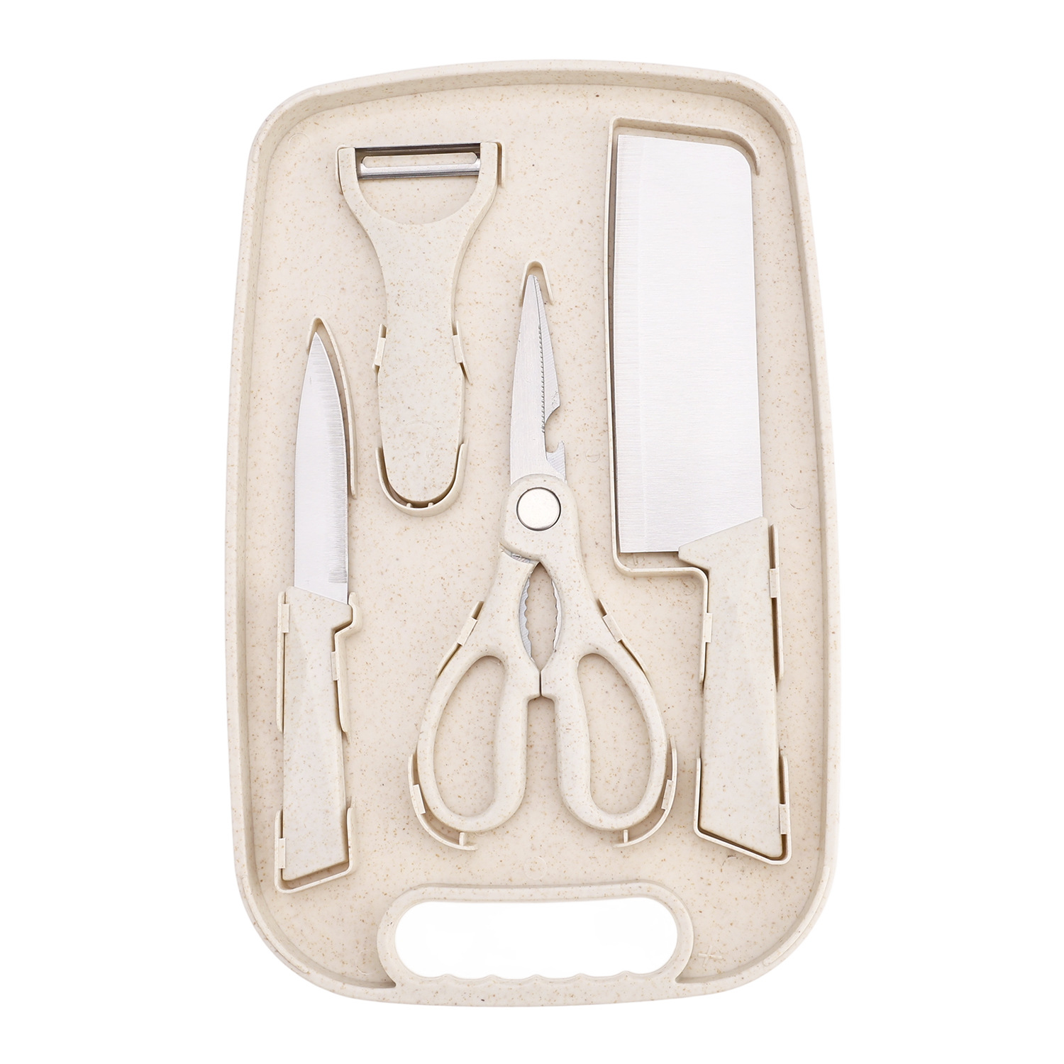 A set of 5-piece wheat straw cutting board, fruit knife, chopping board, kitchen knife and scissors, and a complete set of multi-functional kitchen knives Item Picture
