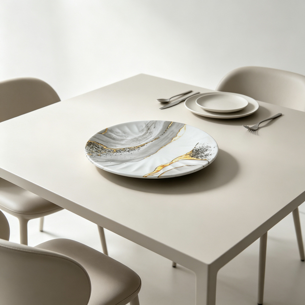 Direct sales from the foreign trade manufacturer of grayish-white marble-patterned dinner plates in commercial stock. Durable and wear-resistant round melamine products