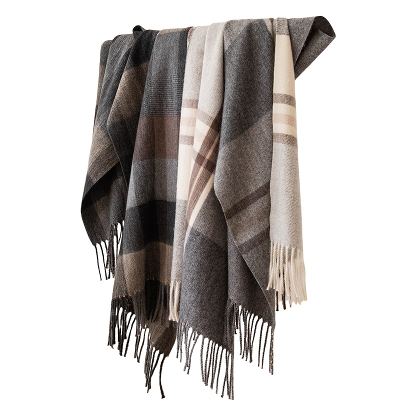 The women's winter scarf exudes a sense of sophistication. The autumn grey checkered faux cashmere scarf has a fashionable and warm design. The scarf is a shawl for men Item Picture