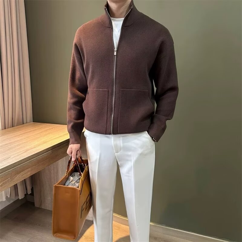 轻奢立领针织开衫外套男士春秋新款简约拉链纯色长袖毛衣男士上衣细节图