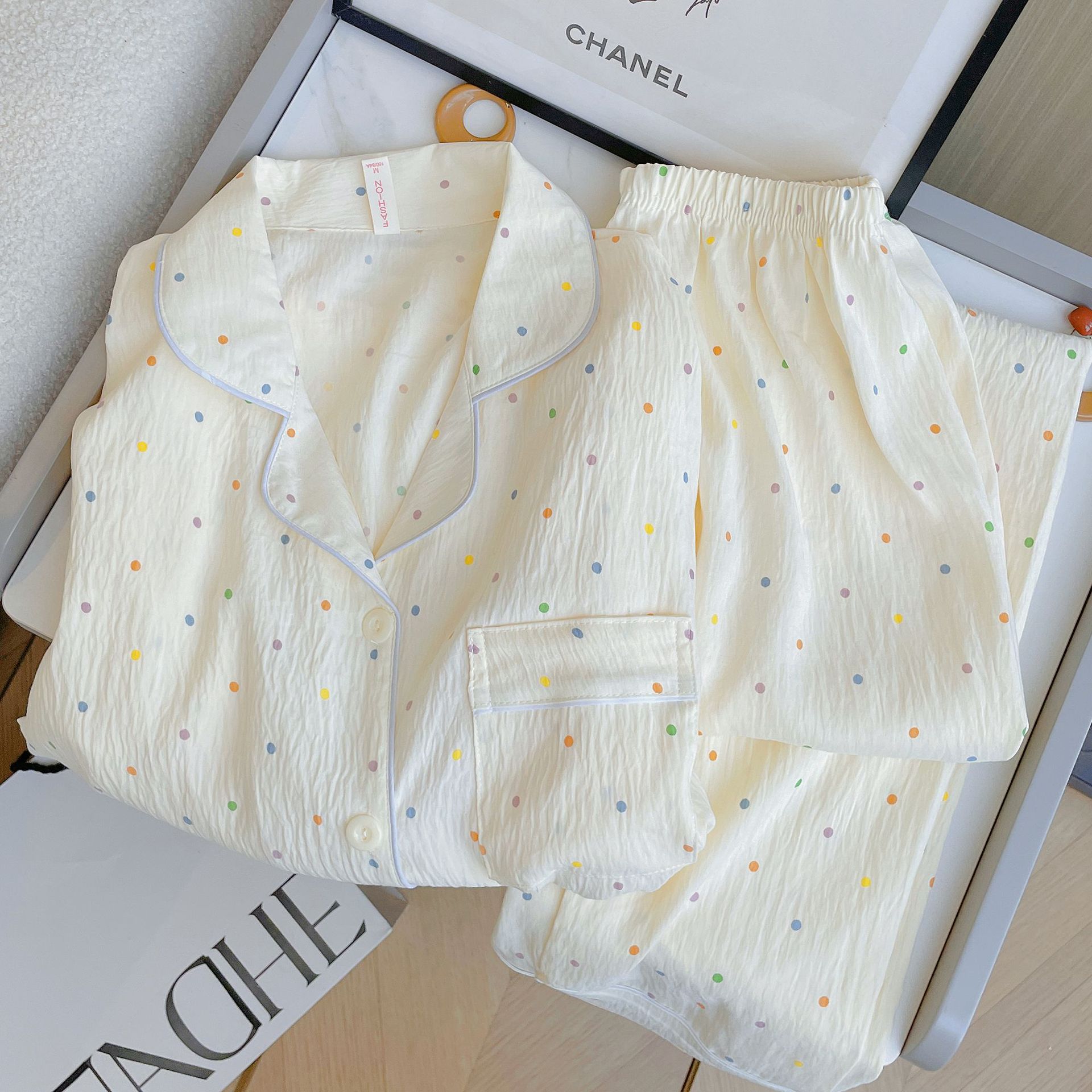 New pure cotton long-sleeved and long pants pajamas for girls spring and autumn, cute colorful polka dot cloud cotton home wear set