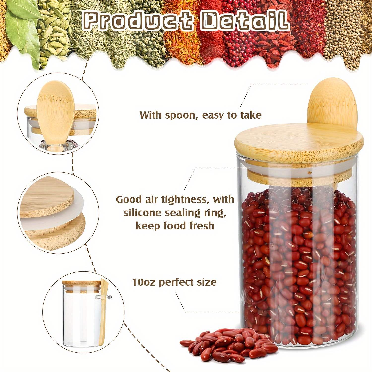 Cross-border round bamboo lid glass jar with spoon, 10-piece set, kitchen grain storage box, transparent storage bottle, seasoning jar Specification image