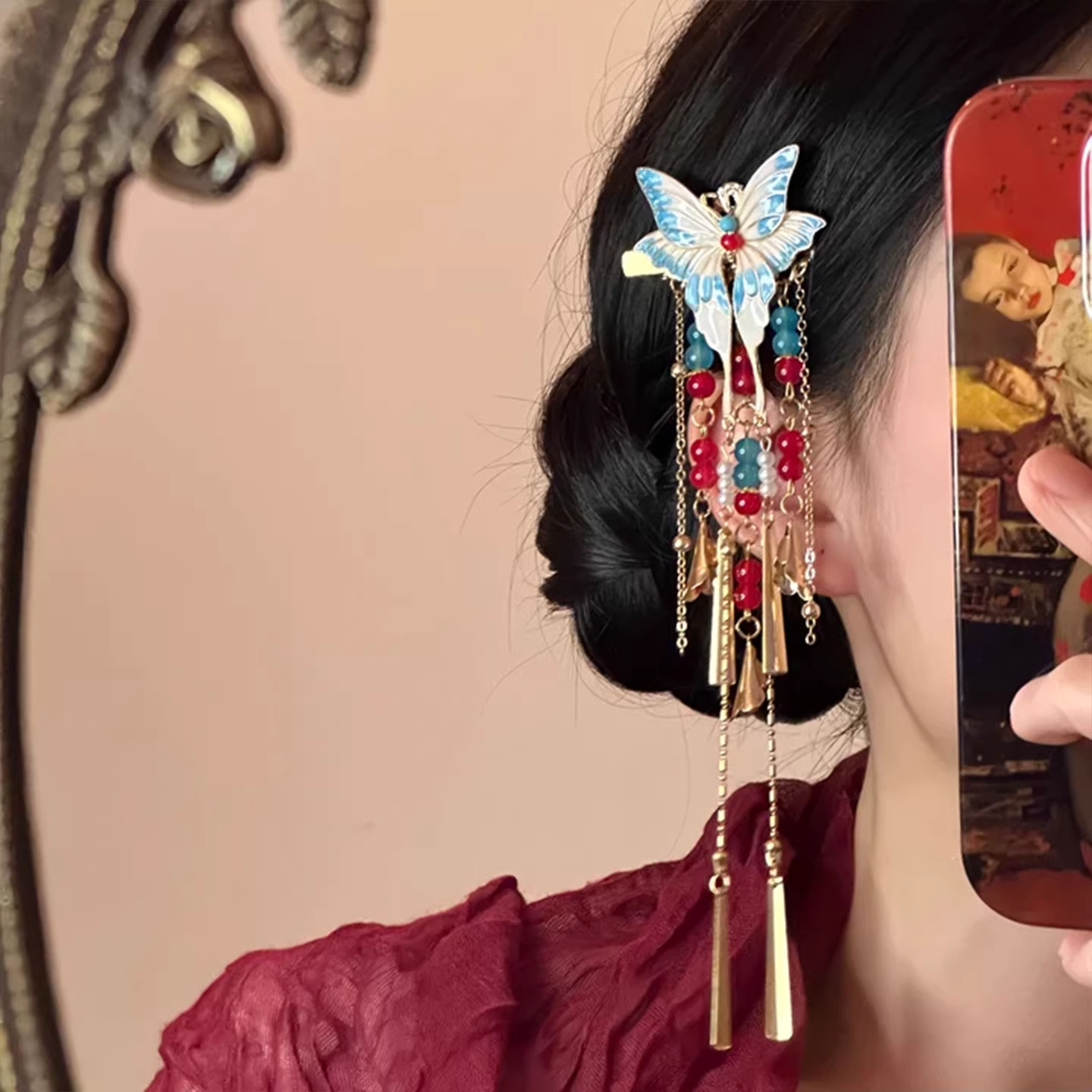 New Chinese-style New Year enamel Chinese-style butterfly tassel hair clip, women's side clip, ancient-style hair accessory details Picture