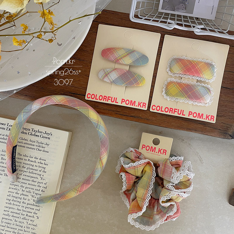 Spring new colorful checkered hair clips, fabric children's sweet and broken bangs clips, girl's large intestine hair bands and headbands