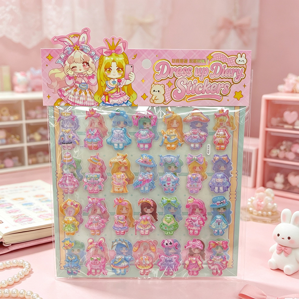 Children's dress-up stickers, fashionable outfits, DIY stickers, cartoon characters changing clothes, handcrafted decorations, double-layer bubble stickers Application Scenario