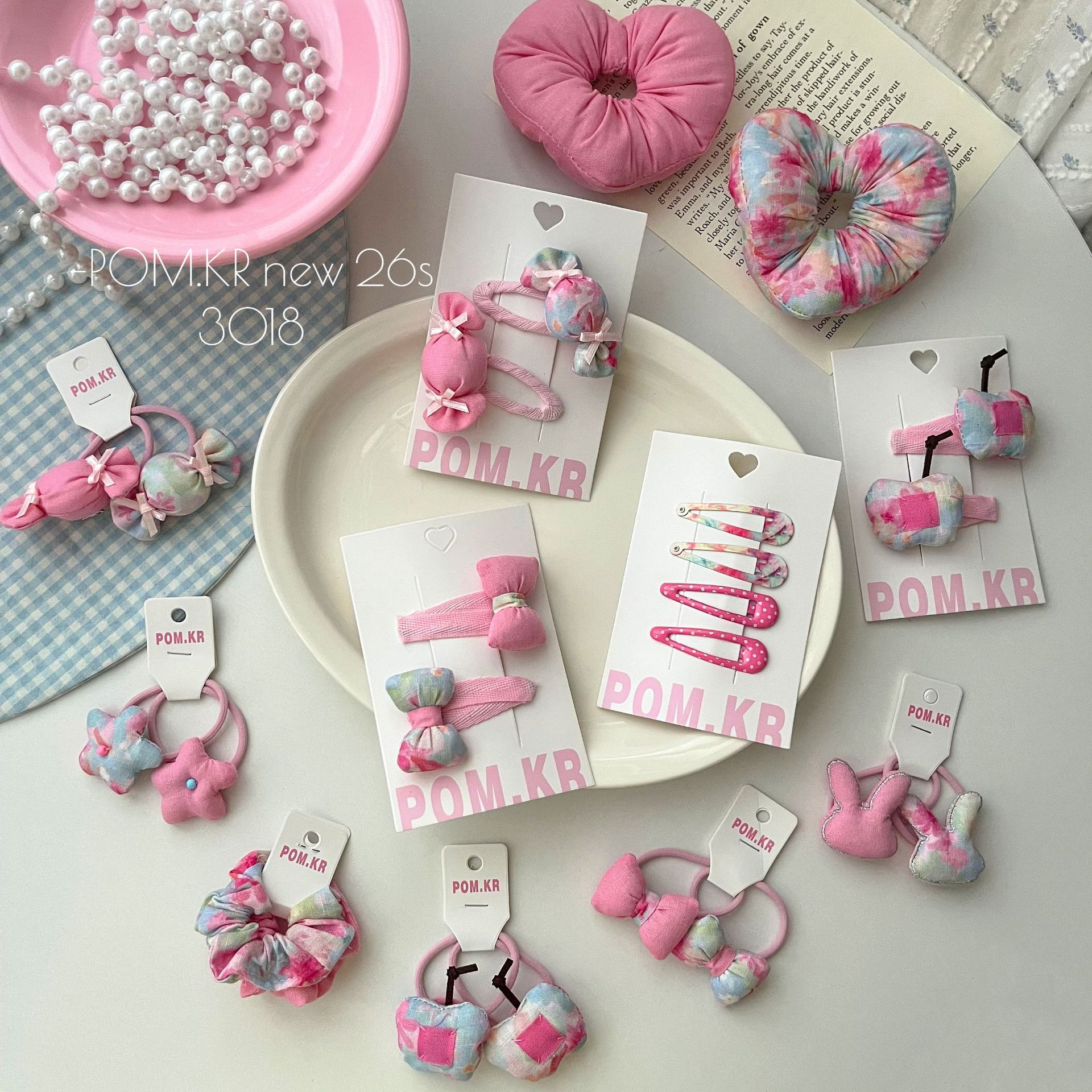 POM KR bonito rosa atado accesorios para el pelo set niños horquilla diadema acrílico desechable derm details Picture