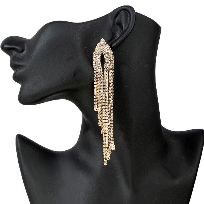 New cross-border green diamond long tassel earrings from Europe and America, exaggerated and luxurious water diamond earrings, women's long earrings, fashionable accessories details Picture