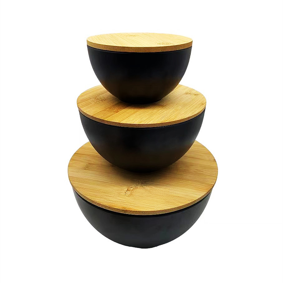 Three sets of bamboo fiber salad bowls, large, medium and small, with bamboo LIDS for fruit and vegetable salad snacks