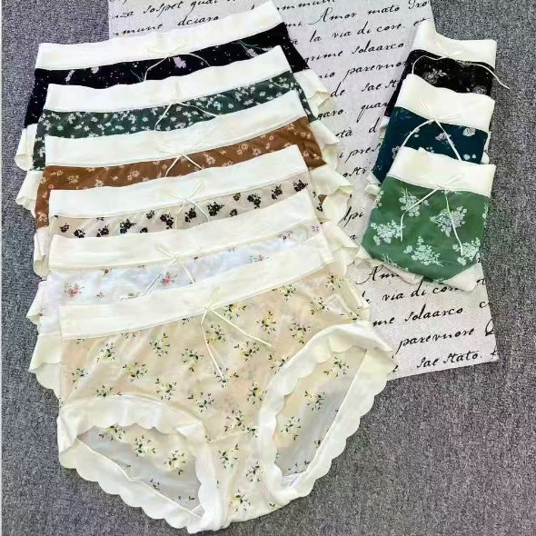 Romantic floral print sexy seamless underwear for women, mid-waist ultra-thin ice silk breathable 2025 new triangular women's underwear for export to Africa and Southeast Asia full figure