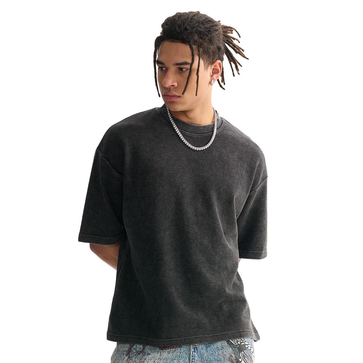 ETAI men's Wear: High-quality vintage washed-out waffle checkered T-shirts, loose and short streetwear T-shirts for men Item Picture