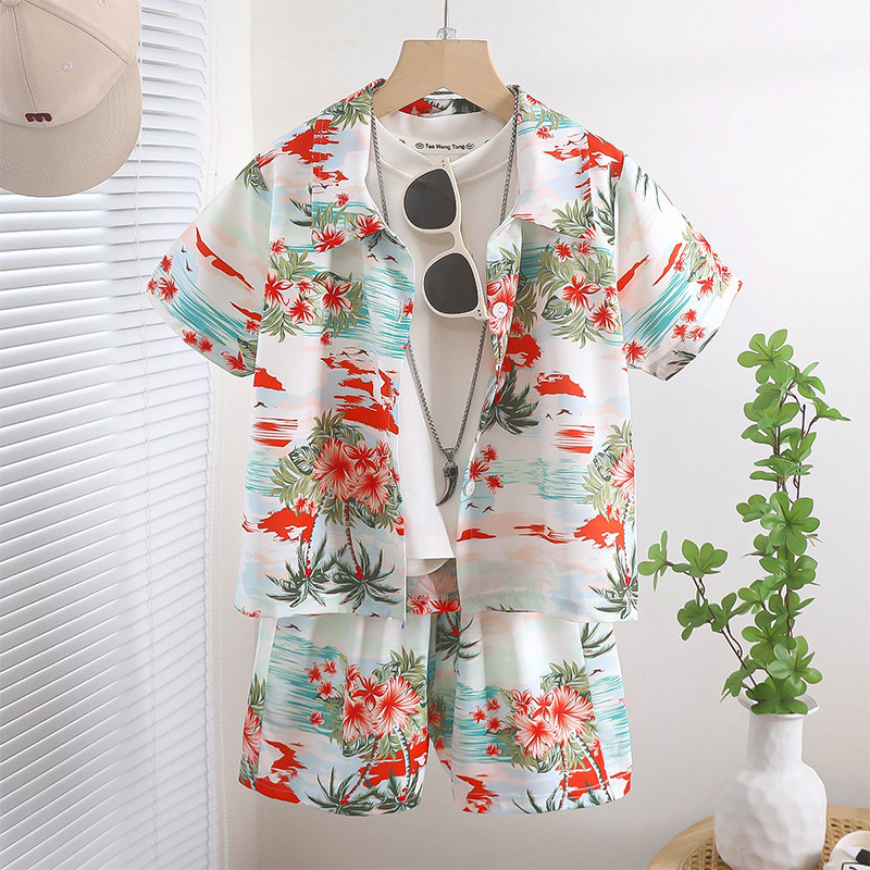 New boys' lapel short-sleeved suit, two-piece sand beach Hong Kong-style printed shirt set, summer thin vacation floral shirt details Picture