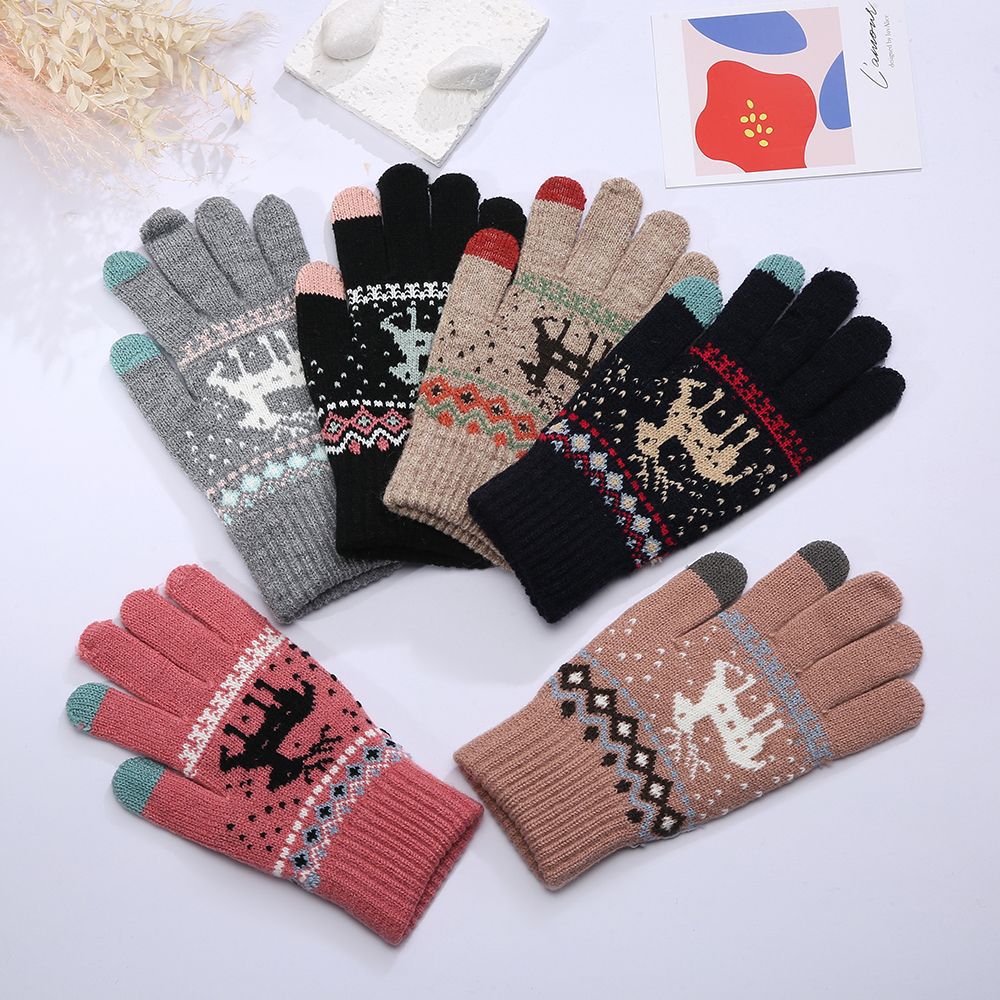Knitted touch screen gloves, couple gloves for men and women, autumn and winter Korean version deer jacquard versatile cold-proof and warm cross-border gloves details Picture