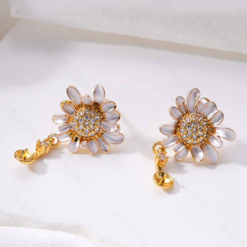 Pearl ring, earneedle pendant, micro-inlaid three-piece set, hollow tray, Daisy oil drip DIY, high-end tulip jewelry Specification image