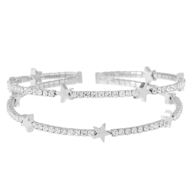 Wholesale of fashionable cross-border European and American claw chain 2-row water diamond star bracelet, steel wire elastic full diamond three-dimensional bracelet and jewelry Item Picture