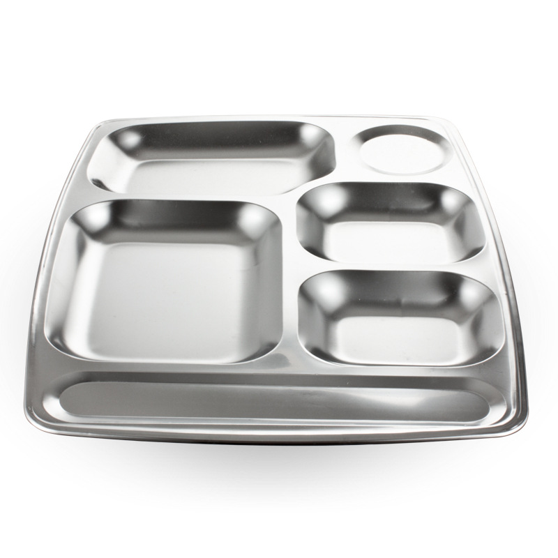 Zhenlong 05 thick stainless steel fast food plate, six-compartment rectangular, canteen, school, factory lunch plate, compartment-divided lunch box Application Scenario
