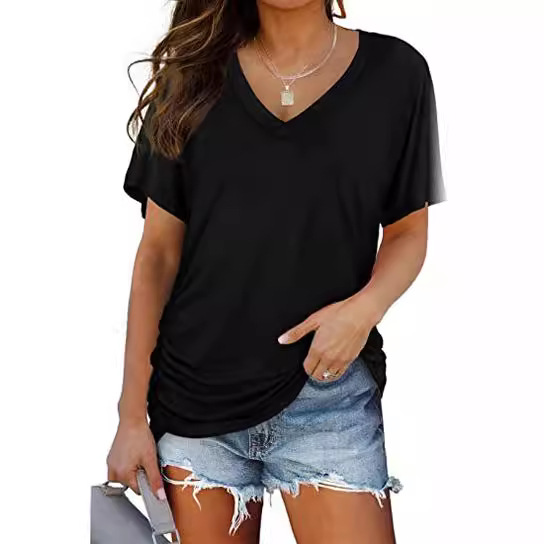Cross-border European and American women's clothing 2025 Amazon Foreign Trade new solid-color bat-shaped sleeve side-pleated V-neck short-sleeved women's T-shirt details Picture
