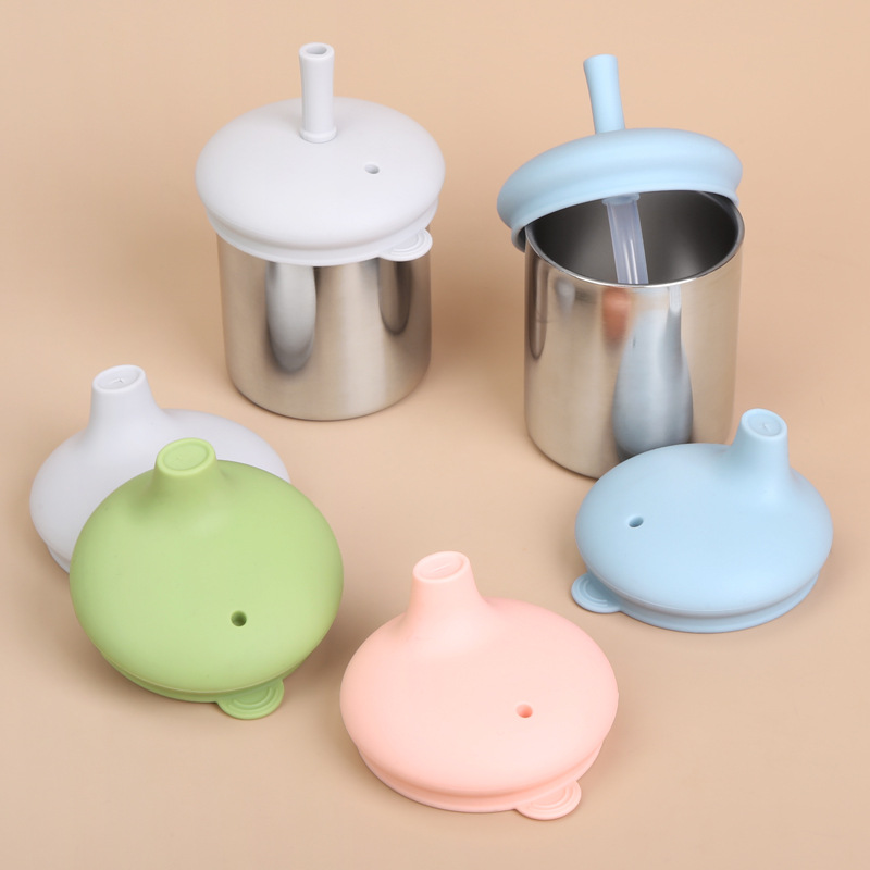 双层304不锈钢儿童吸管杯幼儿园防摔带盖卡通学饮杯宝宝防漏水杯